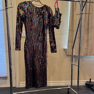 Dress the Population Rainbow Sequin Long Sleeve Dress: two dresses in one